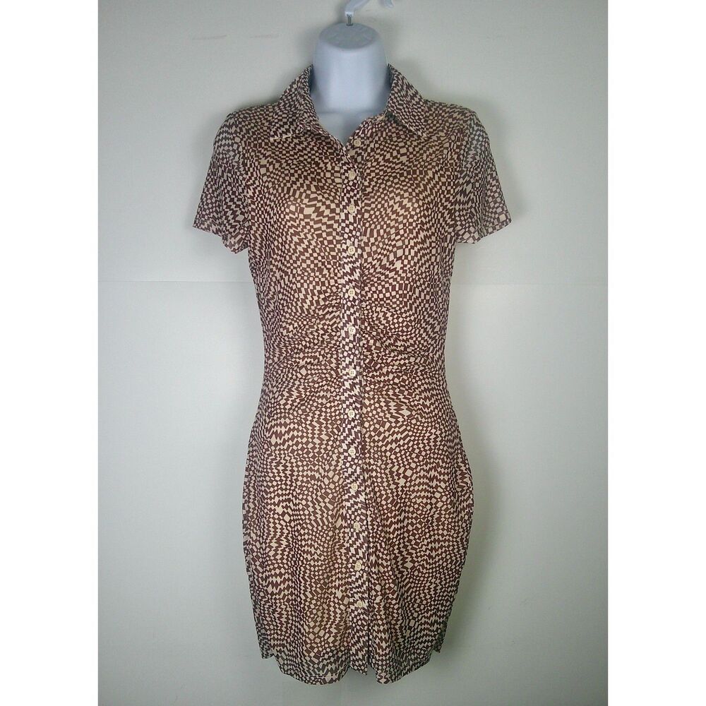 BLANC CLOTHING WOMEN TAN & BROWN KNEE LENGTH SHORT SLEEVE DRESS. SIZE S